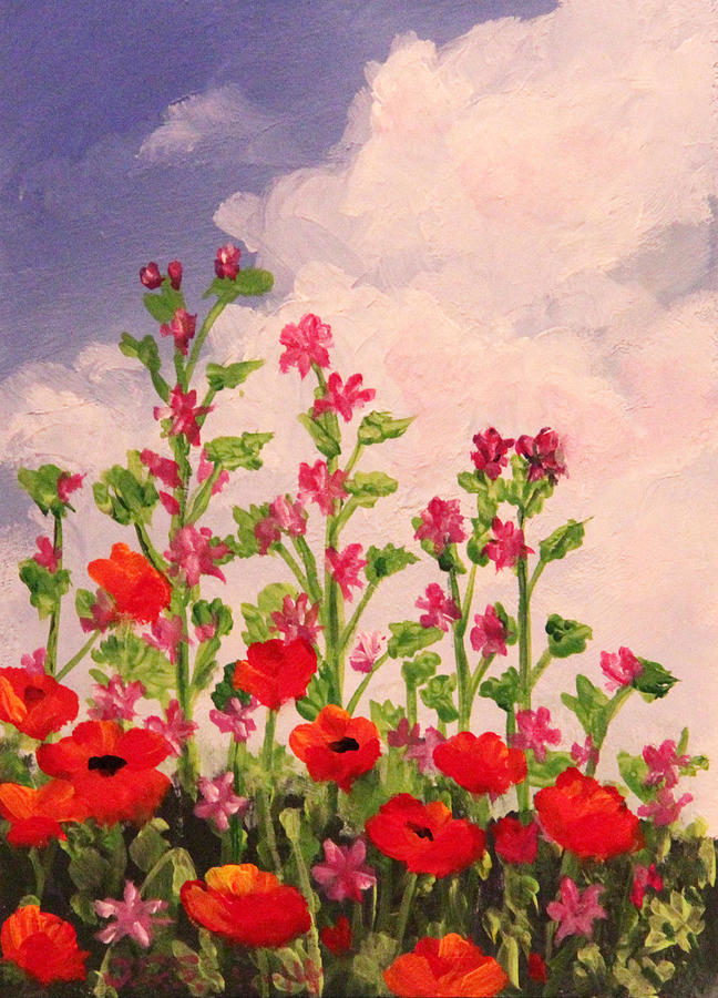 Poppies and Puffy Clouds Painting by Janet Greer Sammons