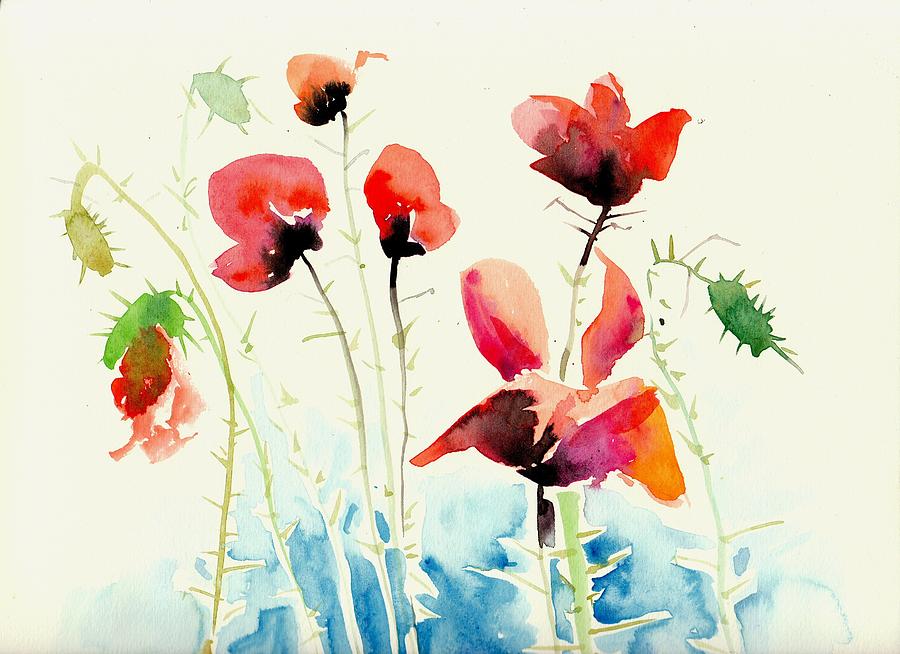 Poppies Field Poppy Watercolor Painting by Tiberiu Soos