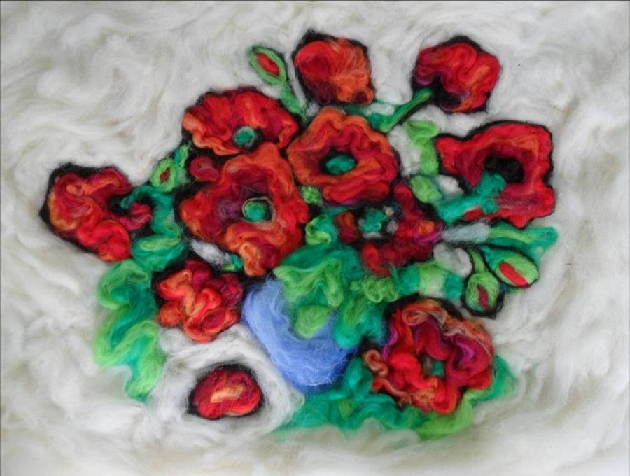 Red Flowers Tapestry - Textile - Poppies in blue vase by Natalia Levis-Fox