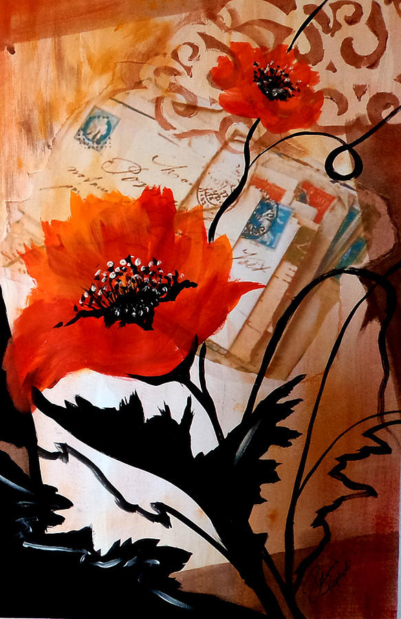 Poppies on letters Painting by Patricia Rachidi