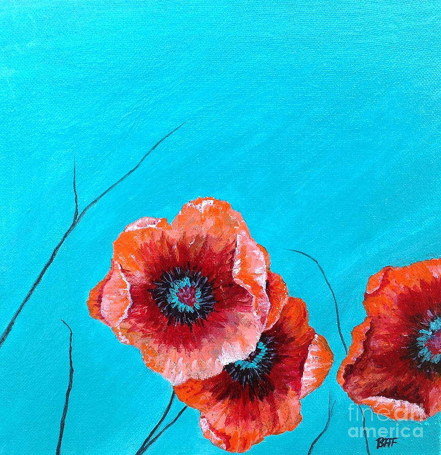 Flower Painting - Poppies on Teal by Barbara Ford