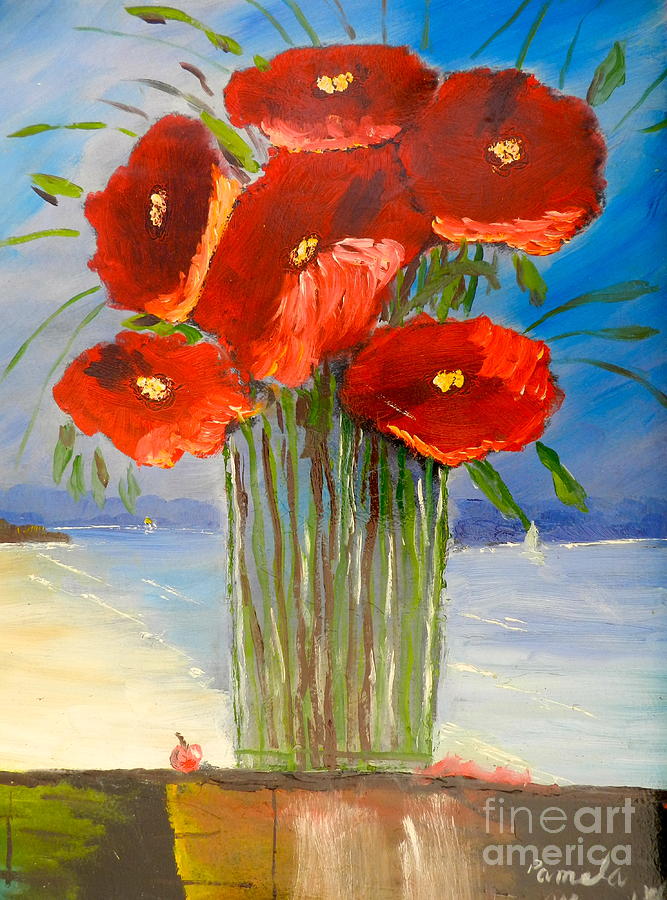 Nature Painting - Poppies on the Window Ledge by Pamela  Meredith