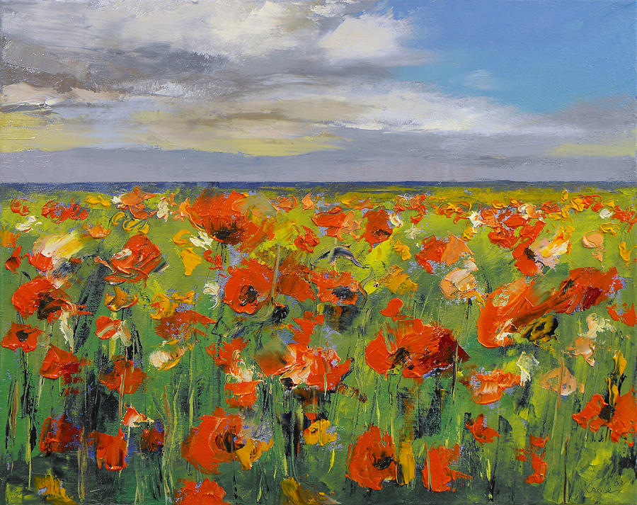 Poppy Field with Storm Clouds Painting by Michael Creese