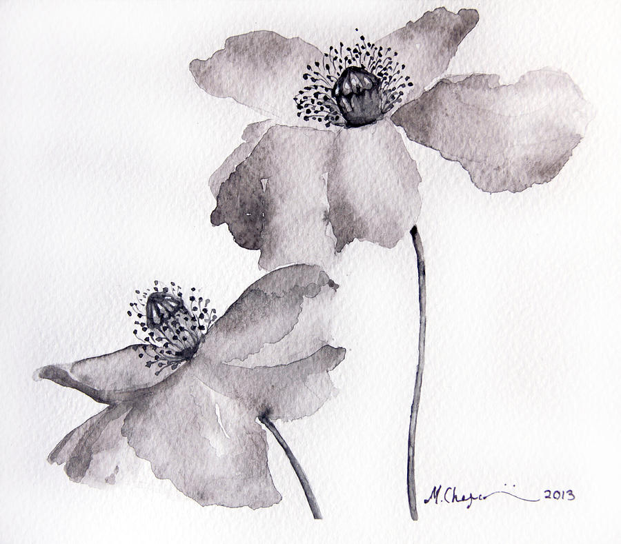 Poppy flower  in Black  Painting  by Mahsa Watercolor  Artist