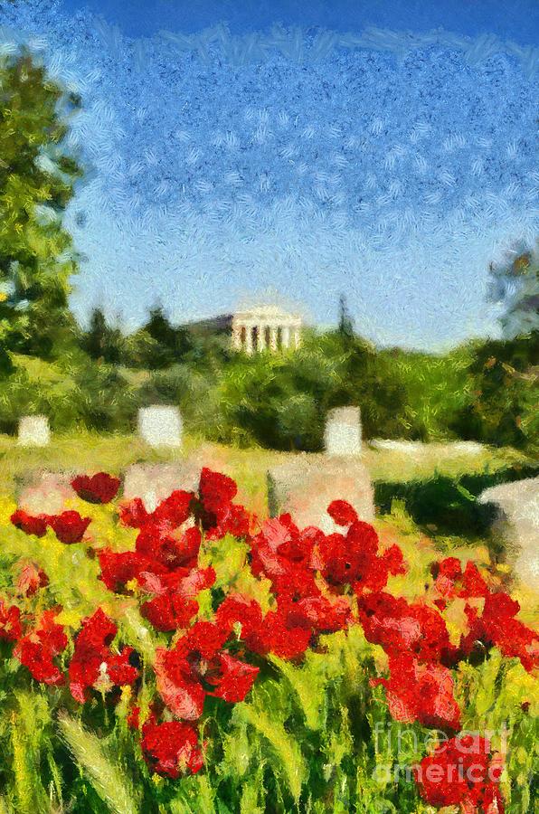 Wildflower Painting - Poppy flowers in Ancient Market of Athens by George Atsametakis