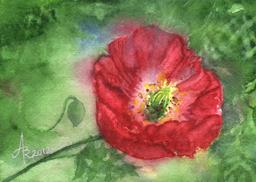 Poppy in Green and Red Painting by Anna Ruzsan