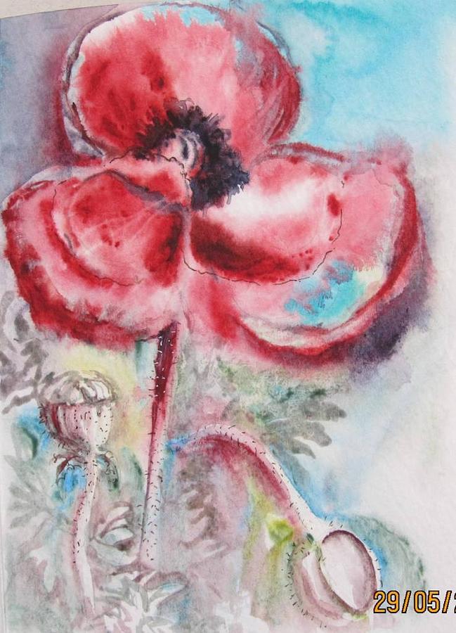 Poppy in Red and Turquoise Painting by Beena Samuel