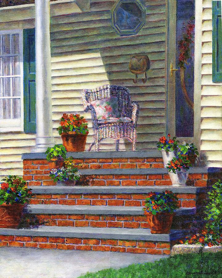 Porch with Pots of Geraniums Painting by Susan Savad