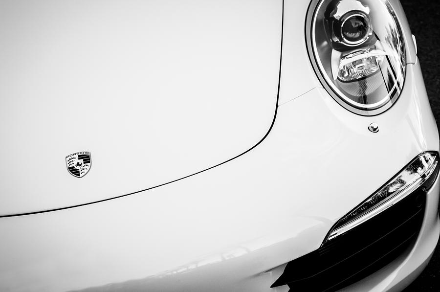 Black And White Photograph - Porsche 911 Carrera S Hood Emblem -0031bw by Jill Reger