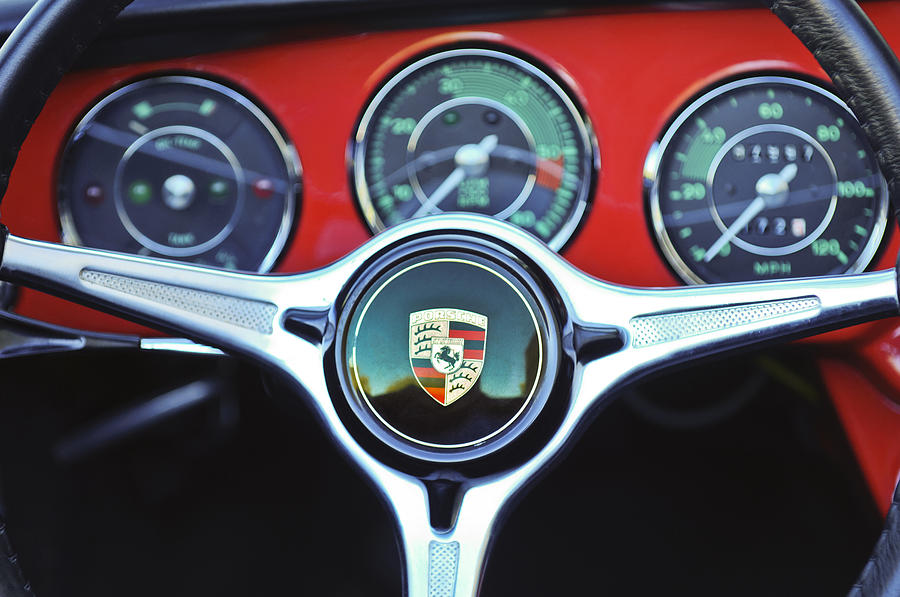 Car Photograph - Porsche C Steering Wheel Emblem -1227c by Jill Reger