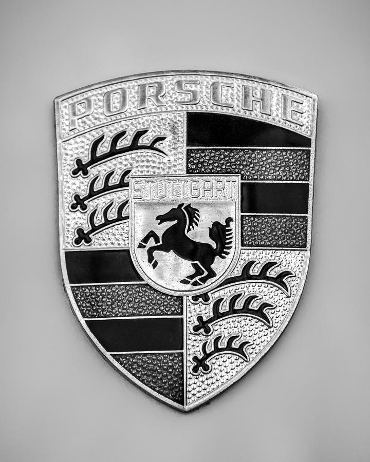 Black And White Photograph - Porsche Hood Emblem - 0464bw45 by Jill Reger