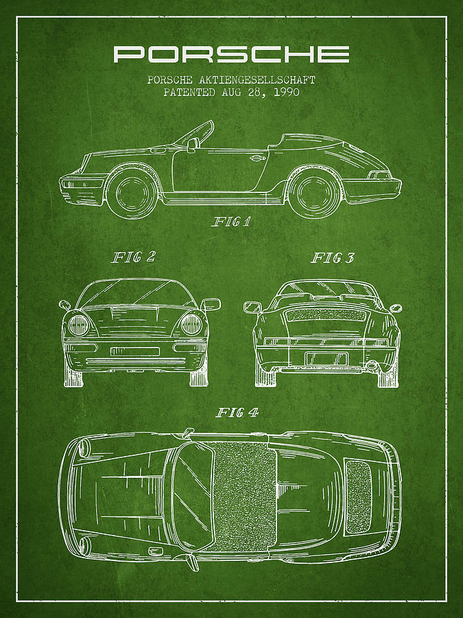 Vintage Digital Art - Porsche Patent from 1990 - Green by Aged Pixel