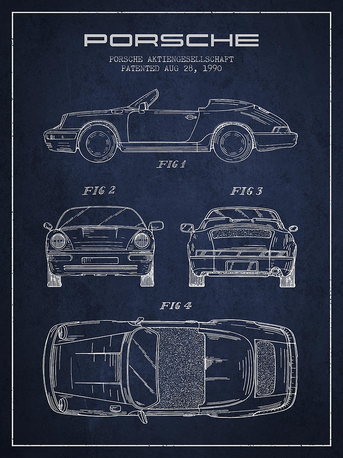 Vintage Digital Art - Porsche Patent from 1990 - Navy Blue by Aged Pixel