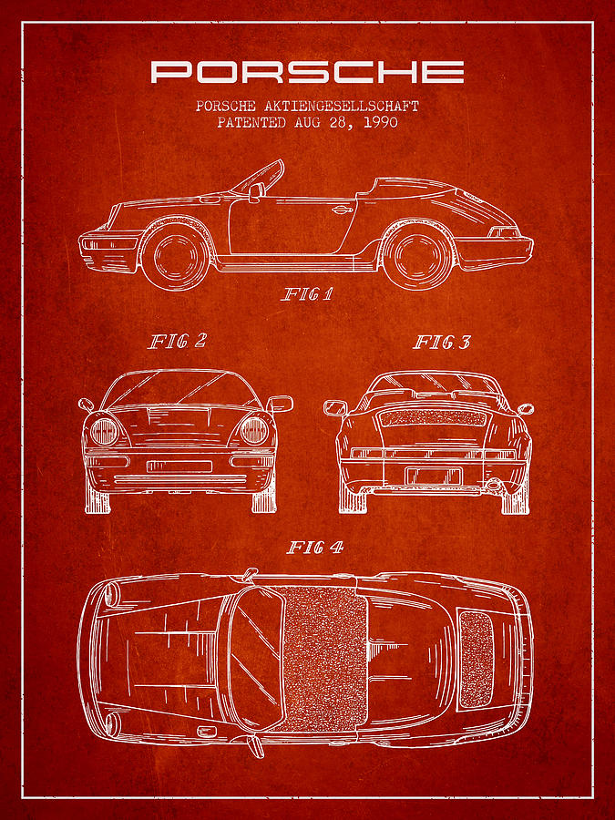 Vintage Digital Art - Porsche Patent from 1990 - Red by Aged Pixel