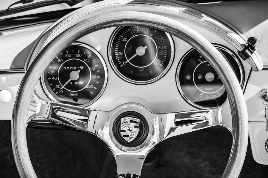 Porsche Speedster Steering Wheel Emblem -1992bw Photograph by Jill Reger