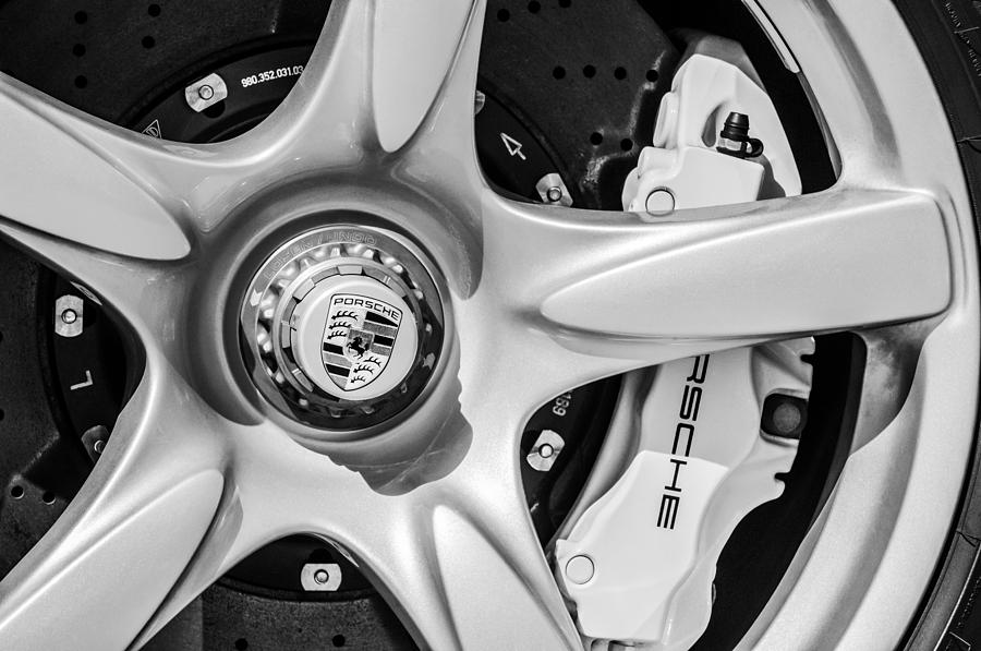 Black And White Photograph - Porsche Wheel Emblem -0999bw by Jill Reger