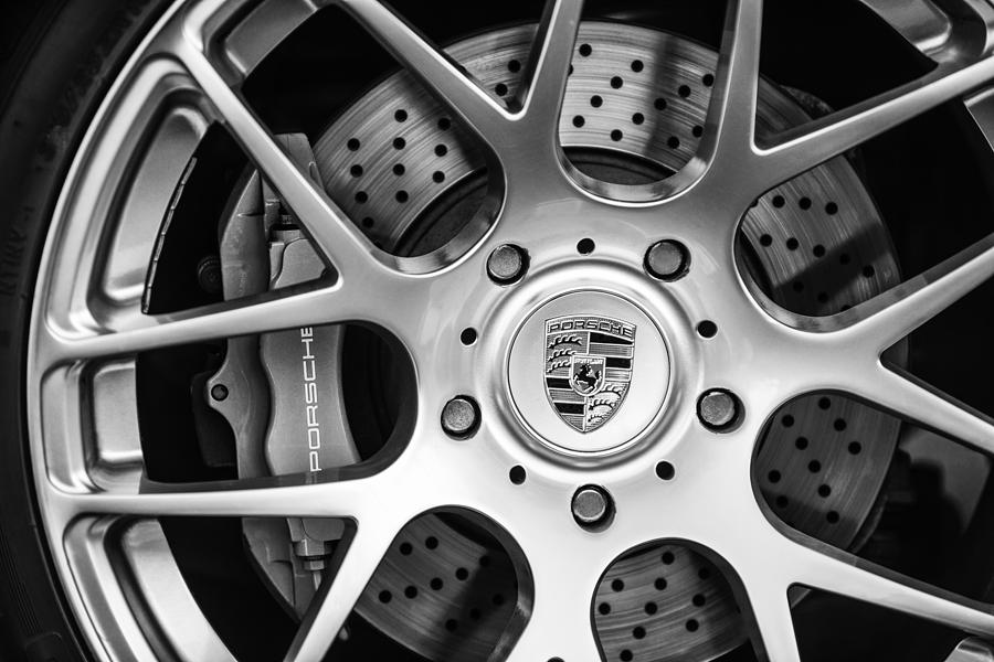 Black And White Photograph - Porsche Wheel Emblem -1323bw by Jill Reger