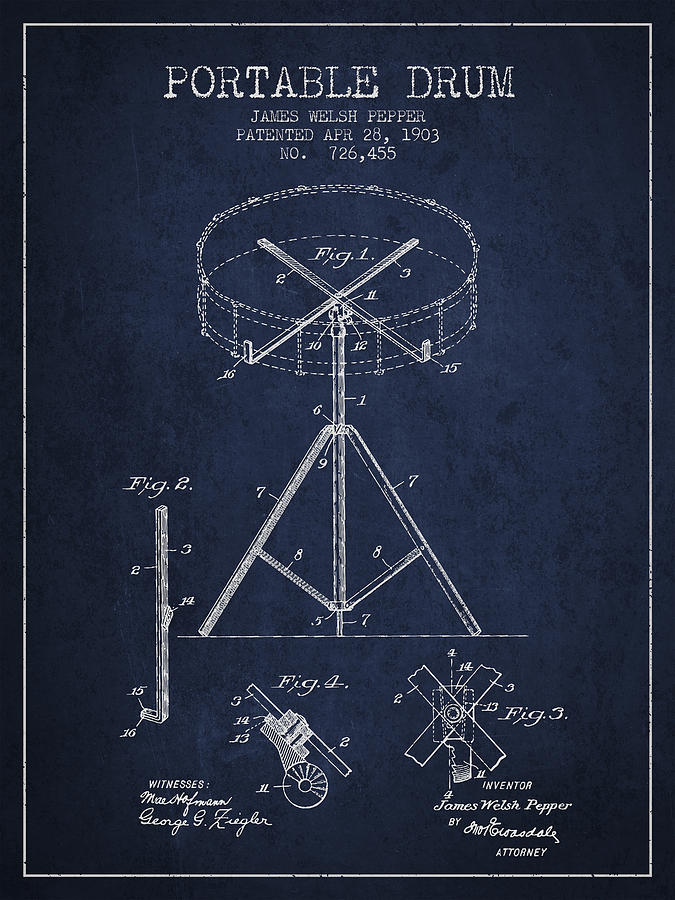 Music Digital Art - Portable Drum patent Drawing from 1903 - Blue by Aged Pixel