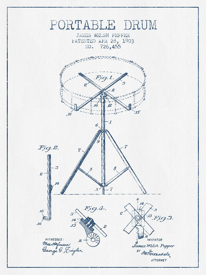 Music Digital Art - Portable Drum patent Drawing from 1903 - Blue Ink by Aged Pixel