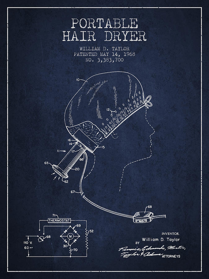 Vintage Digital Art - Portable Hair Dryer patent from 1968 - navy Blue by Aged Pixel