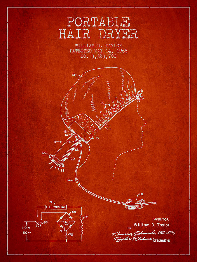 Vintage Digital Art - Portable Hair Dryer patent from 1968 - Red by Aged Pixel