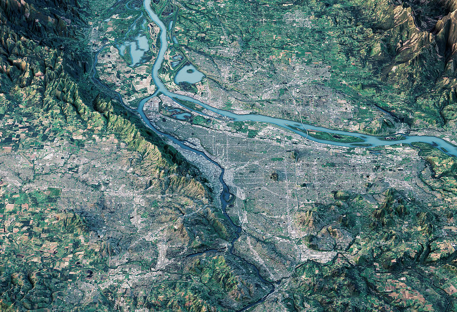 Portland 3D Render Satellite View Topographic Map Horizontal Photograph by FrankRamspott