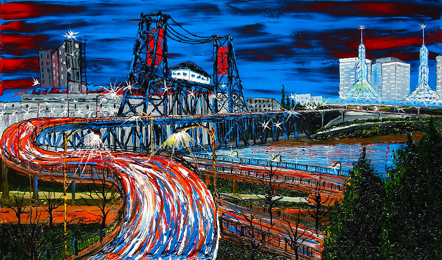 City Bridges Painting - Portland Blue City Lights Over Steel Bridge 1 by Dunbars Local Art Boutique