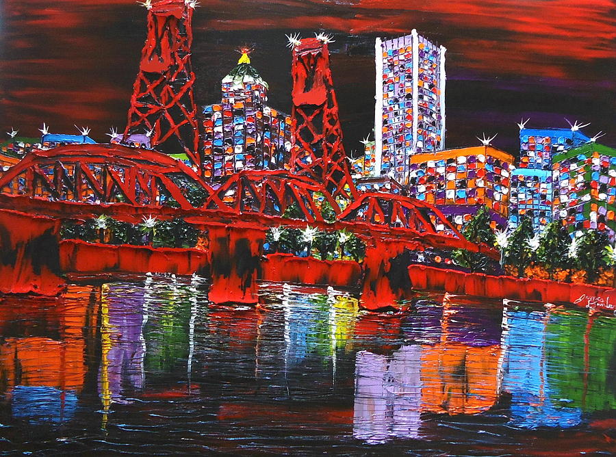 City Bridges Painting - Portland City Lights 21 by Dunbars Local Art Boutique