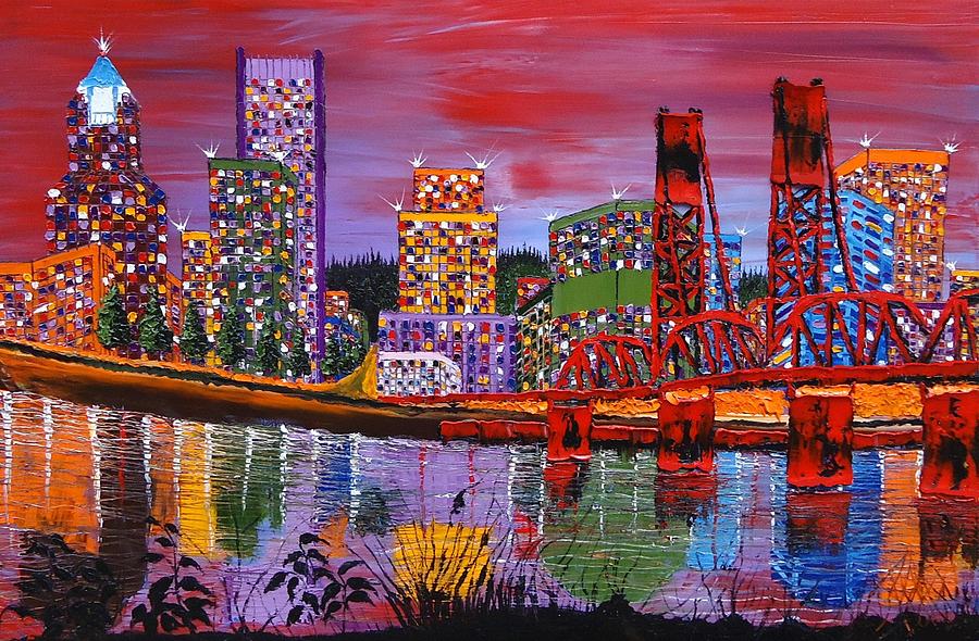 Bridge Painting - Portland City Lights 22 by James Dunbar