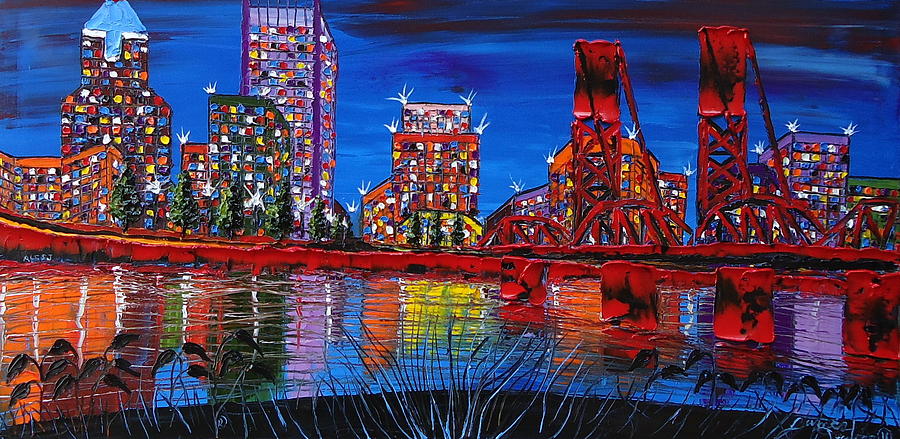 City Bridges Painting - Portland City Lights 23 by Dunbars Local Art Boutique