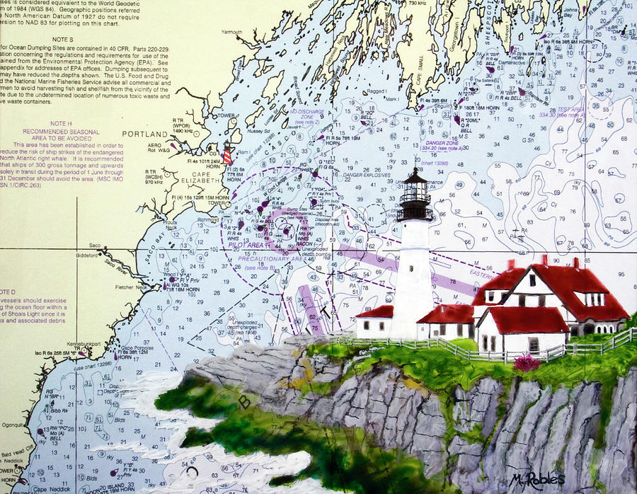 Portland Head Lighthouse and NOAA Nautical Chart Painting by Mike Robles