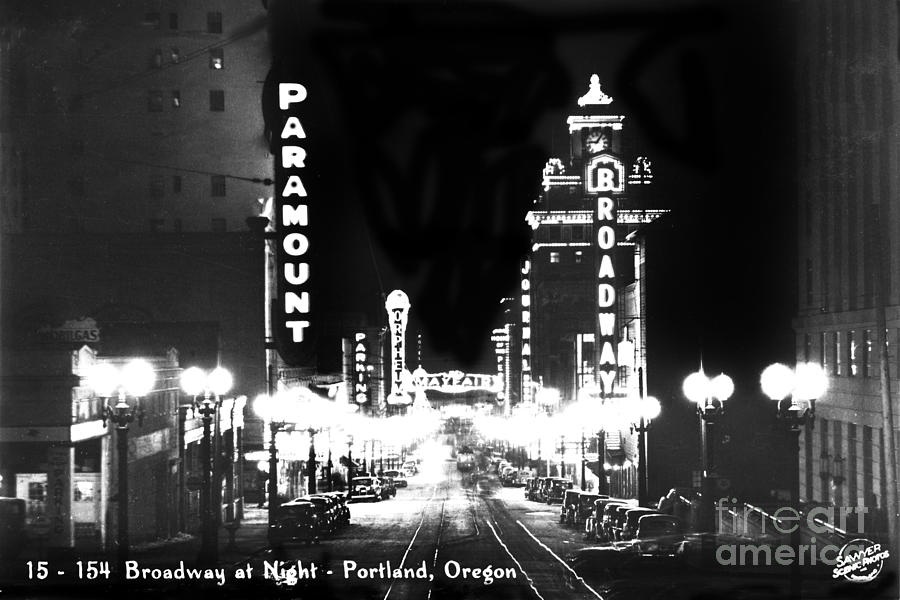 Portland Photograph - Broadway at night Portland Oregon circa 1945  by Monterey County Historical Society