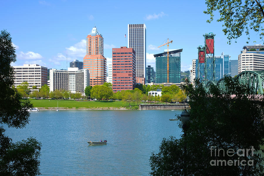 Portland Oregon skyline along waterfront Photograph by Bill Cobb
