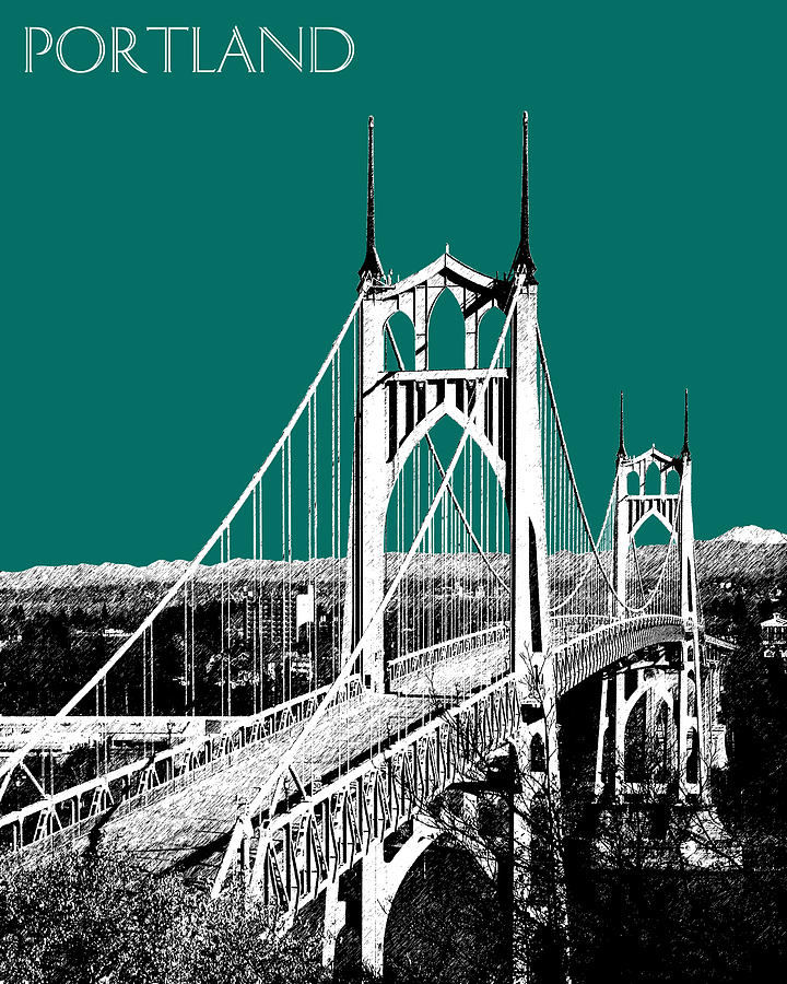 Portland Skyline St. Johns Bridge - Sea Green Digital Art by DB Artist
