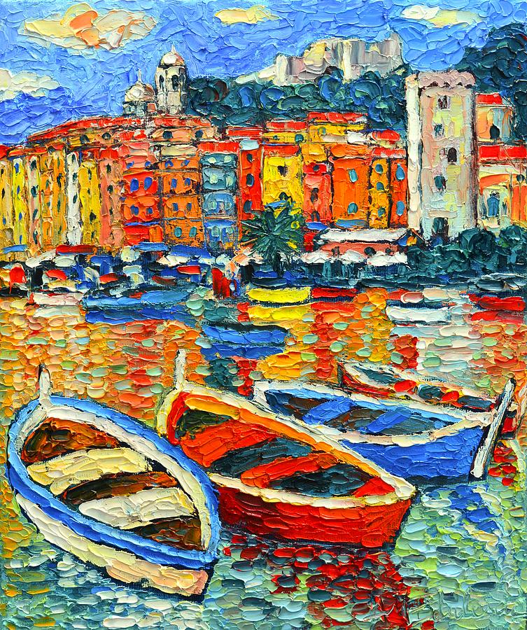 Portovenere Harbor - Italy - Ligurian Riviera - Colorful Boats And Reflections Painting by Ana Maria Edulescu