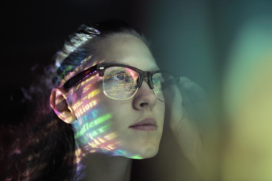 Portrait, girl lighted with colorful code Photograph by Stanislaw Pytel