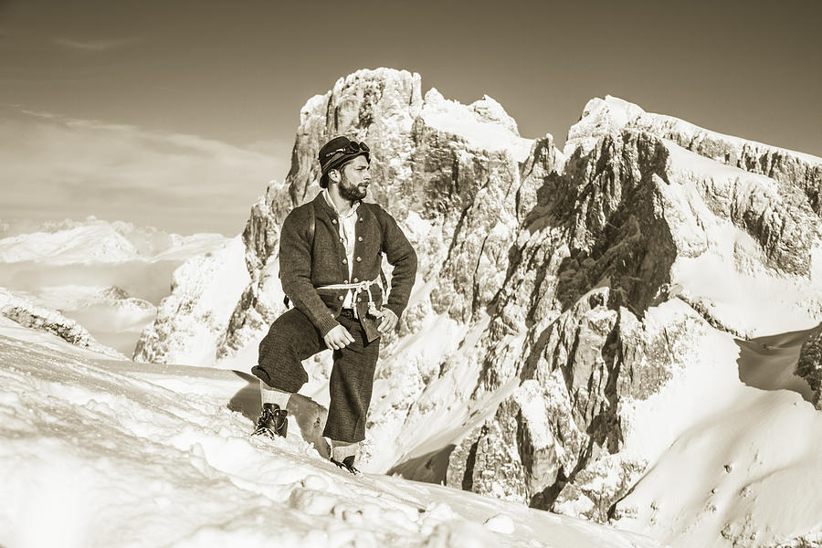 Winter Photograph - Portrait Of A Bearded Man In Old Nostalgic Skiing Outfit by Leander Nardin