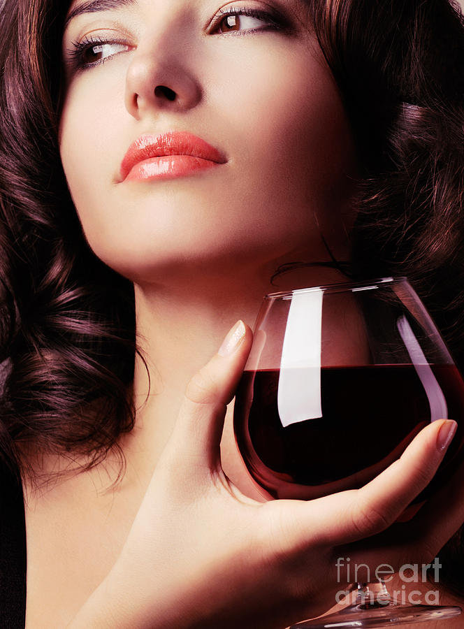 Wine Photograph - Portrait of a beautiful woman with glass of wine by Maxim Images Exquisite Prints