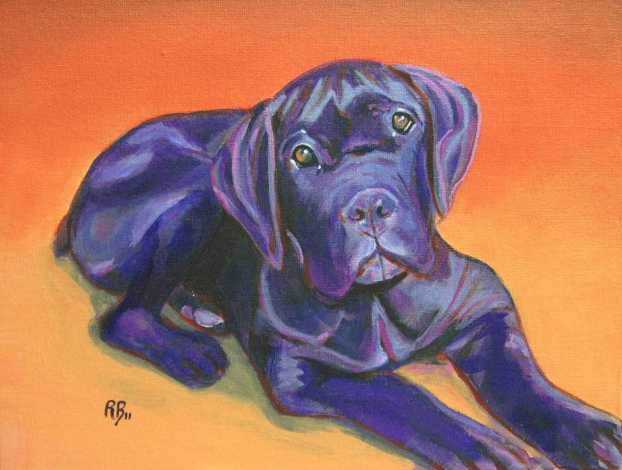 Portrait of a Black Puppy of Cane Corso - Italian Mastiff Painting by Robie Benve