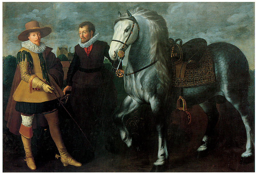Horse Painting - Portrait of a Gentleman with his Horse and Groom by Adriaen van Nieulandt the Younger