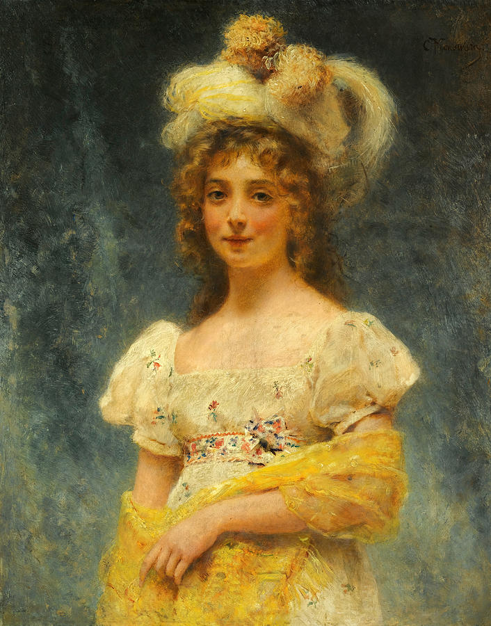 Portrait of a lady in a yellow shawl Painting by Konstantin Makovsky