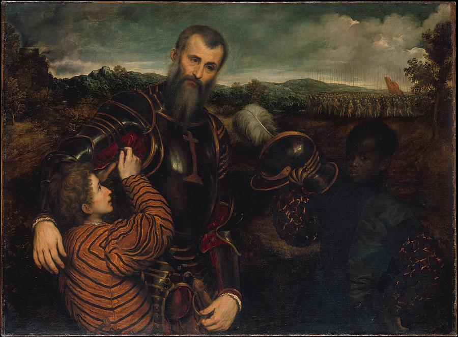 Knight Painting - Portrait of a Man in Armor with Two Pages by Paris Bordon
