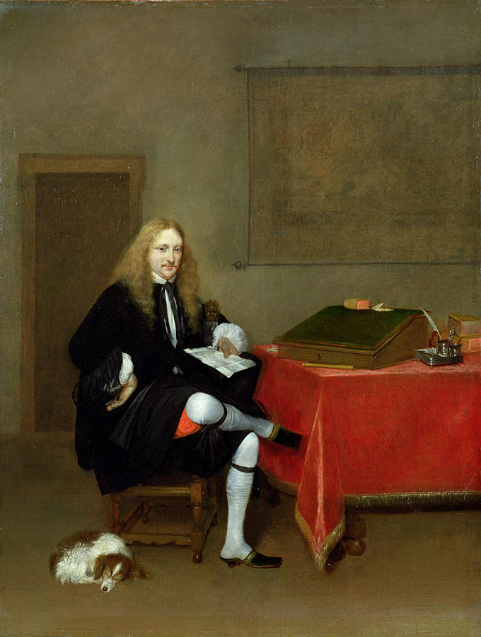 Dog Photograph - Portrait Of A Man In His Study, C.1668-69 Oil On Canvas by Gerard ter Borch or Terborch