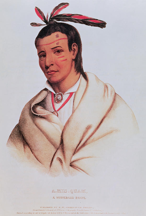 Feather Photograph - Portrait Of A-mis-quam, A Winnebago Brave Coloured Engraving by American School
