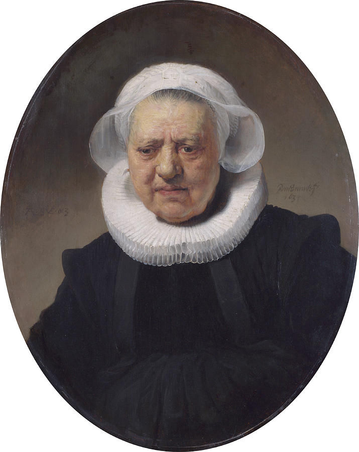 Portrait Painting - Portrait of a Woman with Eighty-three Millstone Collar and Hood by Rembrandt van Rijn