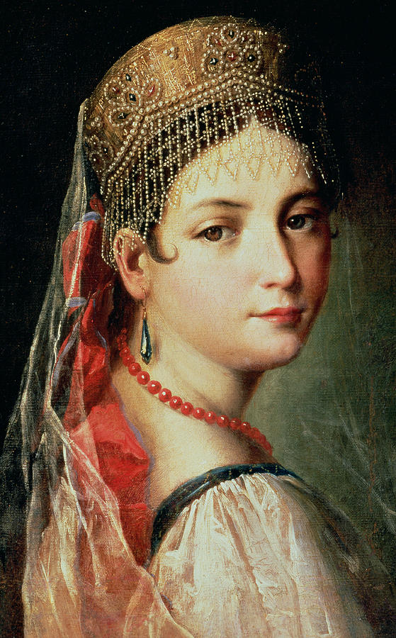 Portrait Painting - Portrait of a Young Girl in Sarafan and Kokoshnik by Mauro Gandolfi