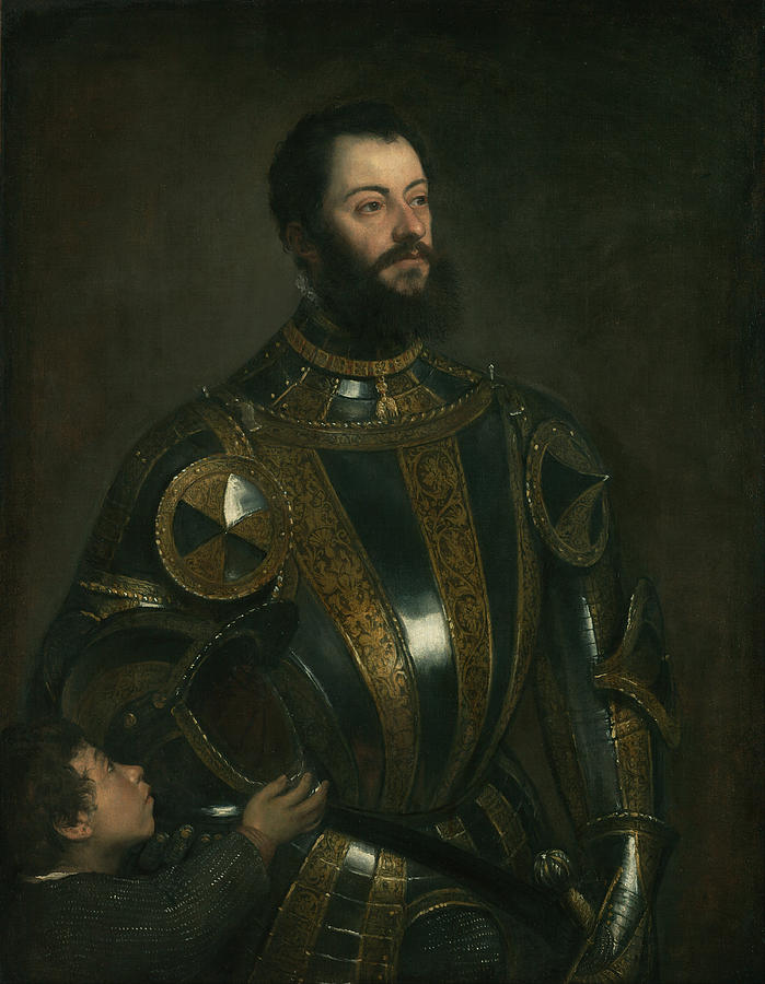 Titian Painting - Portrait of Alfonso d Avalos Marquis of Vasto in Armor with a Page by Titian