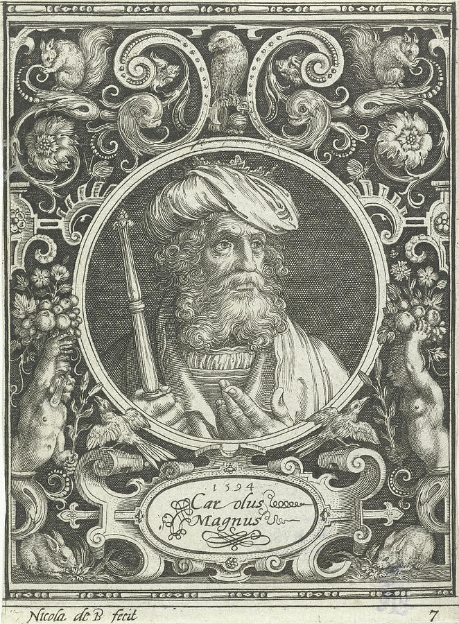 Portrait Of Charlemagne In Medallion Inside Rectangular Drawing By Nicolaes De Bruyn