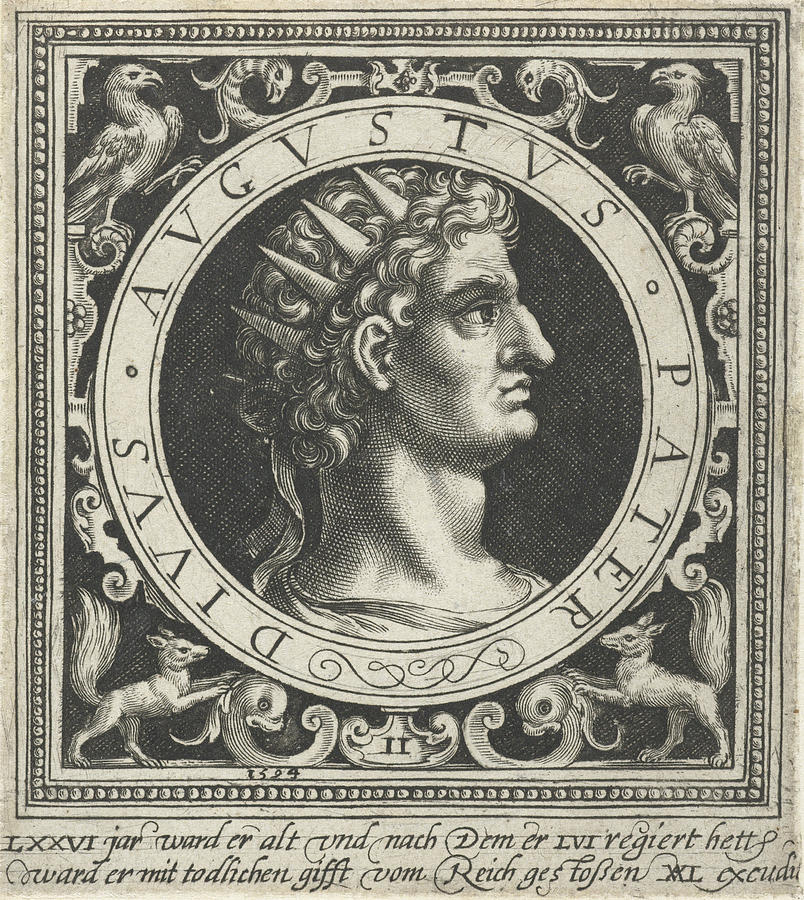 Portrait Of Emperor Augustus On Medallion Drawing by Nicolaes De Bruyn