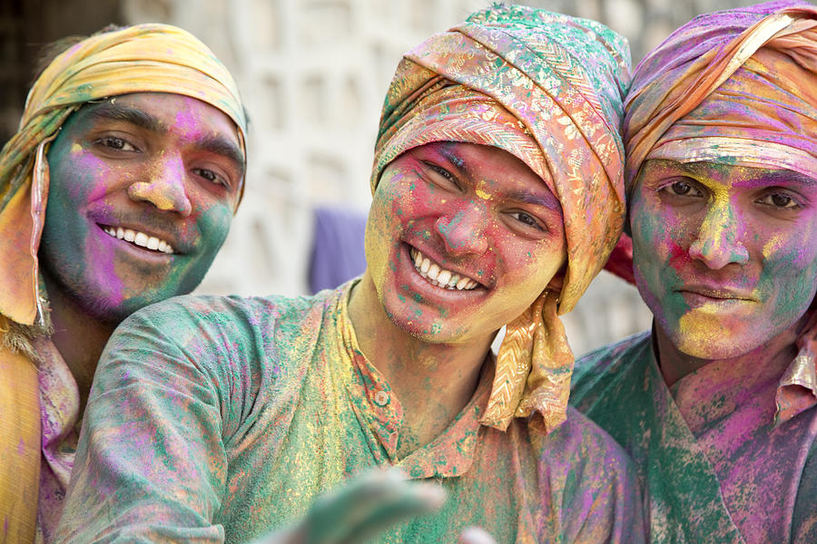 Portrait of Indian men playing holi Photograph by Triloks